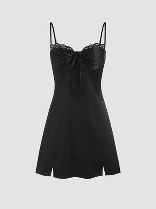 Satin V-neck Lace Split Cami Mini Dress