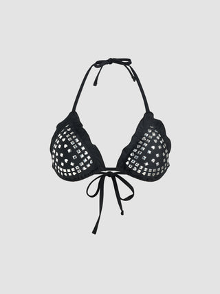 Halter Rhinestone Lettuce Trim Triangle Bikini Top