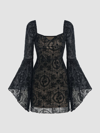 Floral Mesh Bell Sleeve Mini Dress