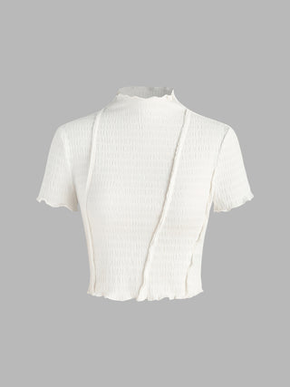 High Neck Solid Ruffle Texture Crop Short Sleeve Tee