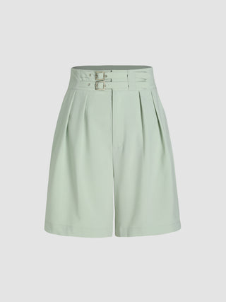 Pleated Double Buckle Bermuda Shorts