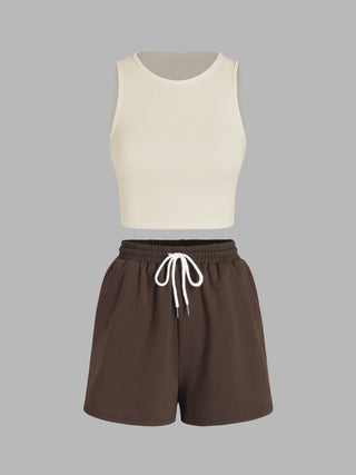 Round Neckline Crop Tank Top & Knotted Wide Leg Shorts Set