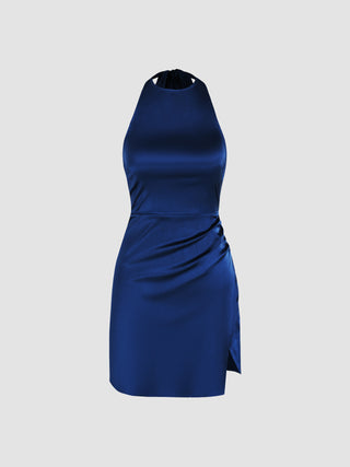 Satin Halter Solid Split Mini Dress