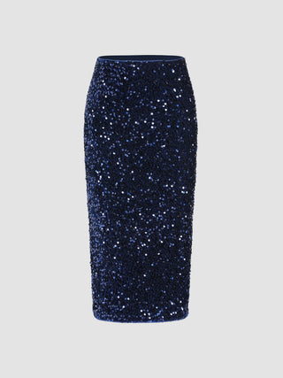 Sequins High Waist Solid Midi Skirt