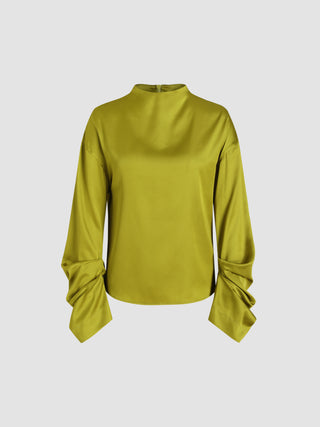 Satin Stand Collar Solid Ruched Long Sleeve Blouse