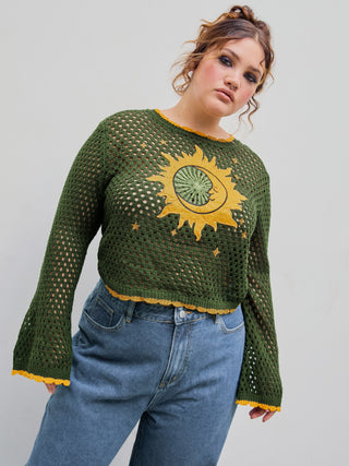 Hollow Out Sun Print Knitted Long Sleeve Top Curve & Plus
