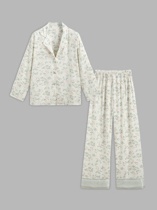 Satin Collar Floral Long Sleeve Top & High Waist Trousers Loungewear Set