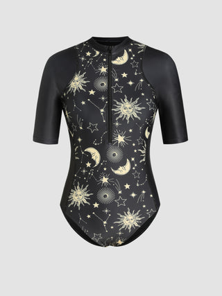 Shaping Star & Moon Pattern Stand Collar Short Sleeve One Piece Swimsuit