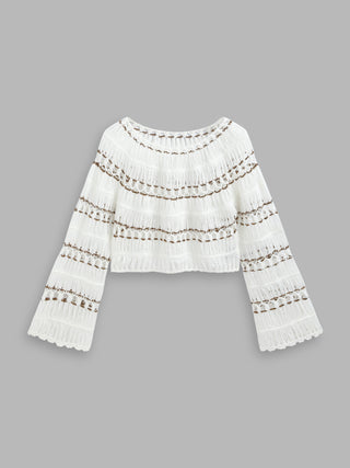 Round Neckline Hollow Out Knitted Long Sleeve Crop Top