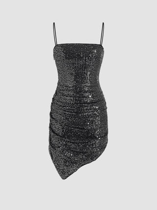 Sequins Square Neck Solid Ruched Mini Dress