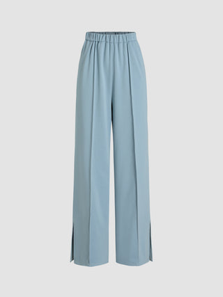 Mid Waist Solid Split Straight Leg Trousers
