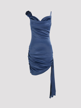 Satin Cowl Neck Rosette Ruched Mini Dress