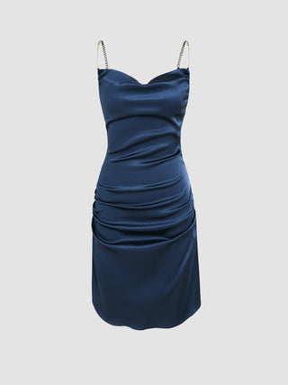 Satin Cowl Neck Ruched Mini Dress