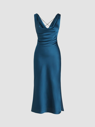 Satin Cowl Neck Backless Criss Cross Midi Dress