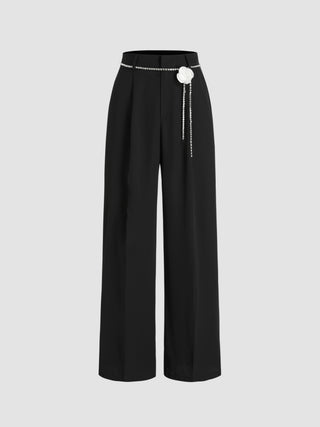 High Waist Pleated Wide Leg Trousers With Flower Waist Chain