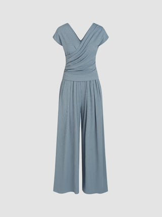 Knit Fabric V-neck Ruched Top & Pocket Pants Matching Set