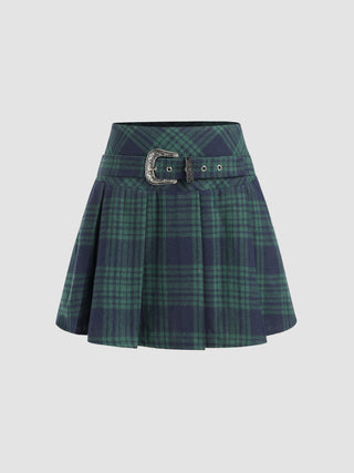 High Waist Check Pleated Skirt With Belt