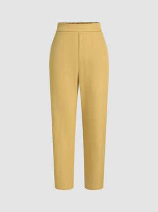 High Waist Solid Elastic Waist Tapered Trousers
