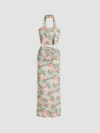 Halter Ditsy Floral Crop Top & Ruched Midi Skirt Matching Set