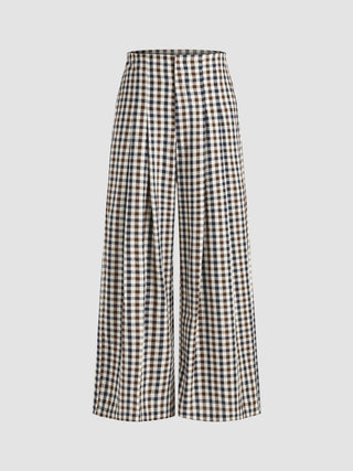 High Waist Check Pleated Wide Leg Trousers