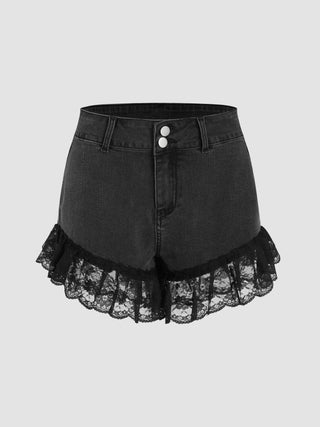High Stretch Denim Mid Waist Lace Hem Mini Shorts