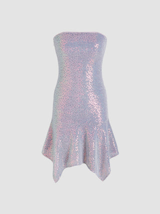 Sequins Tube Solid Ruffle Mini Dress