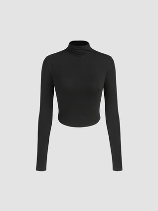 Knit Fabric High Neck Solid Long Sleeve Tee