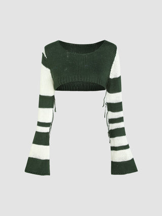 Round Neckline Striped Tassel Knitted Long Sleeve Top