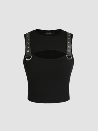 Round Neckline Solid Ring Hollow Out Crop Top