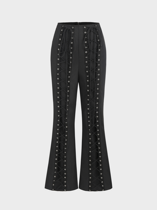 Mid Waist Solid Lace Up Flared Trousers