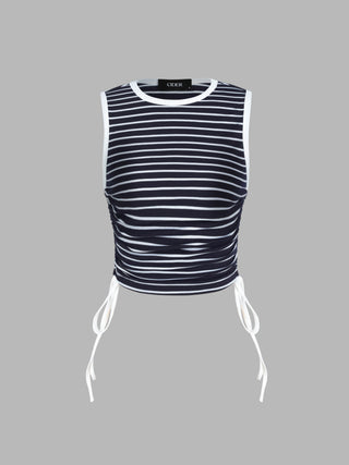 Round Neckline Striped Contrasting Binding Drawstring Tank Top