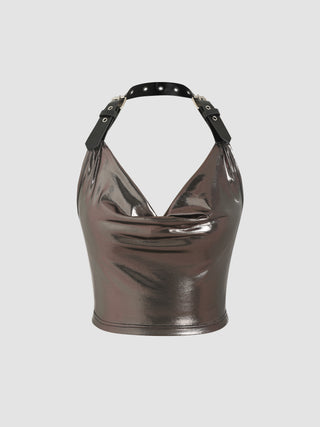 Metallic Belted Halter Cowl Neck Crop Top