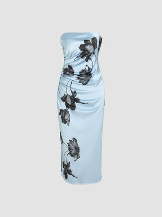 Satin Tube Floral Ruched Midi Dress