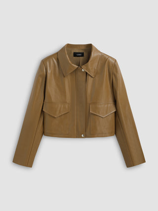 Faux Leather Collar Solid Pocket Biker Jacket