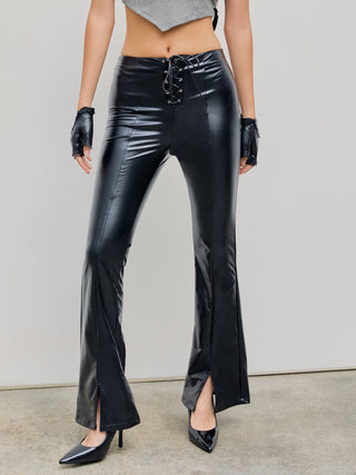 Faux Leather High Waist Lace Up Split Flared Trousers