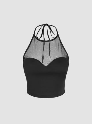 Halter Neckline Contrast Mesh Crop Top