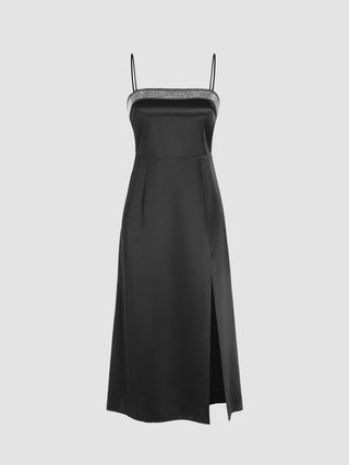 Satin Square Neck Solid Rhinestone Midi Dress