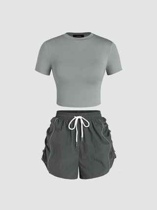 Short Sleeve Tee & Drawstring Parachute Mini Shorts Set Curve & Plus