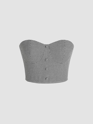 Houndstooth Solid Button Crop Tube Top