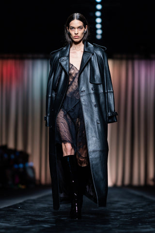 Faux Leather Collar Solid Button Trench Coat