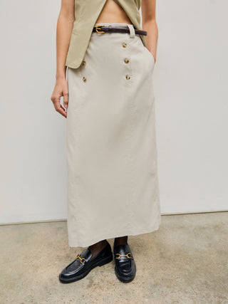 Mid Waist Split Button Maxi Skirt With Belt