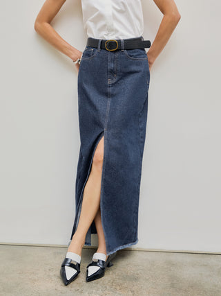 Denim Mid Waist Split Maxi Skirt With Belt