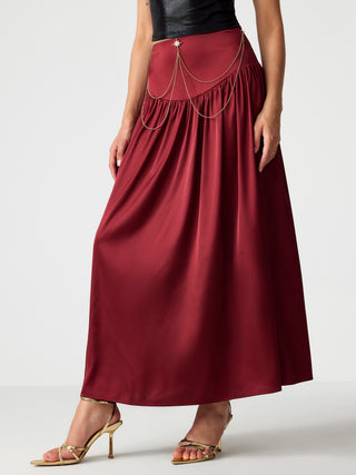 Satin Mid Waist Star Ruched Maxi Skirt