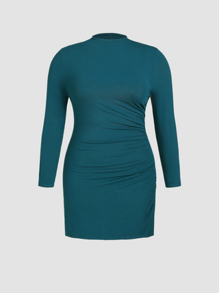 Round Neckline Ruched Solid Mini Dress Curve & Plus