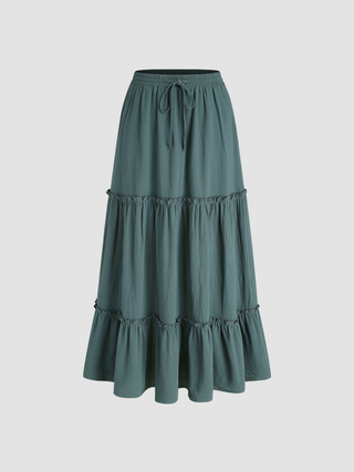 Mid Waist Solid Tiered Maxi Skirt