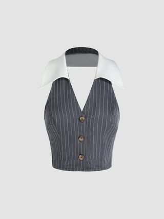 Halter Striped Shirred Button Crop Top