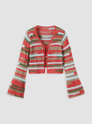 Fuzzy V-neck Striped Cardigan