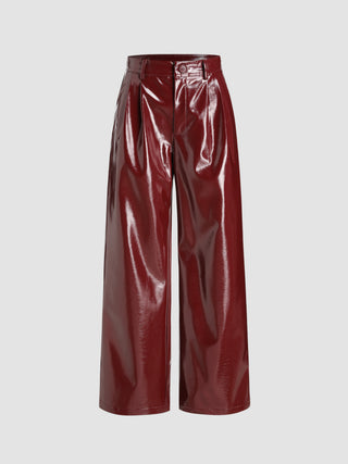 Faux Leather Metallic Mid Waist Pocket Straight Leg Trousers
