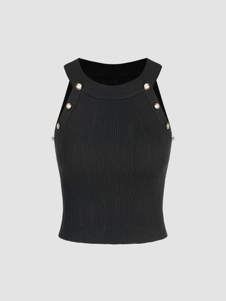 Round Neckline Solid Button Knitted Crop Tank Top