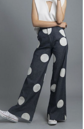 Denim Mid Waist Polka Dot Wide Leg Jeans